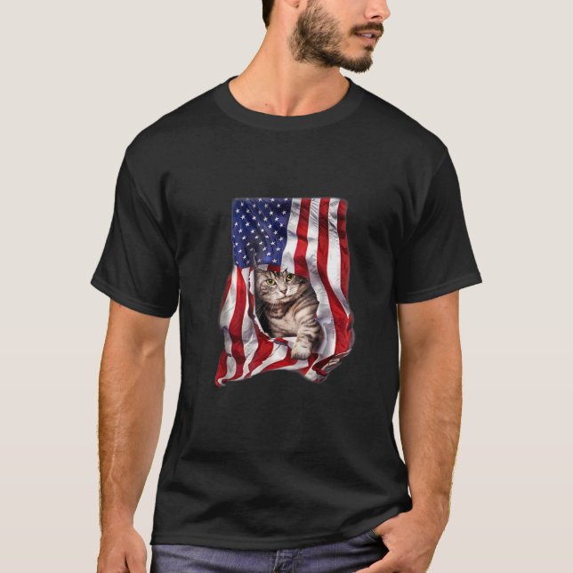 USA American Flag Cat Kitty Kitten Funny 4. Juli T-Shirt (Vorderseite)