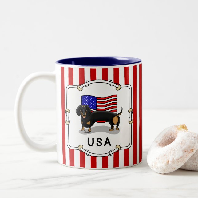 USA American Flag Dackel Dachshund (schwarz & tan) Zweifarbige Tasse (Mit Donut)