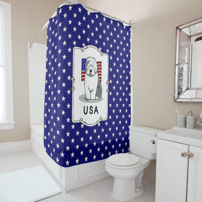USA American Flag Old English Sheepdog (Gray 1) Duschvorhang (Beispiel)