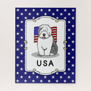 USA American Flag Old English Sheepdog (Gray 1) Puzzle