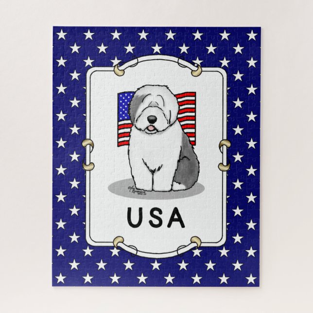 USA American Flag Old English Sheepdog (Gray 1) Puzzle (Vertikal)