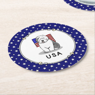 USA American Flag Old English Sheepdog (Gray 1) Runder Pappuntersetzer