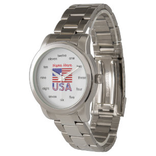 USA American Flag Red Personalisiert Word Numbers Armbanduhr