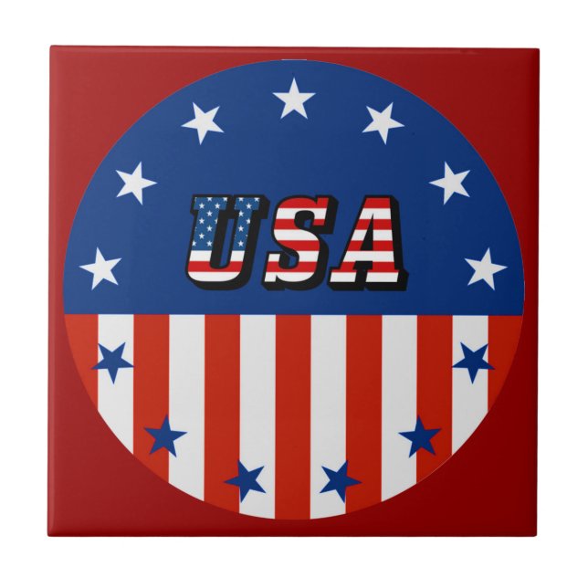 USA - American Flag & Stars in Circle Keramik Tile Fliese (Vorderseite)