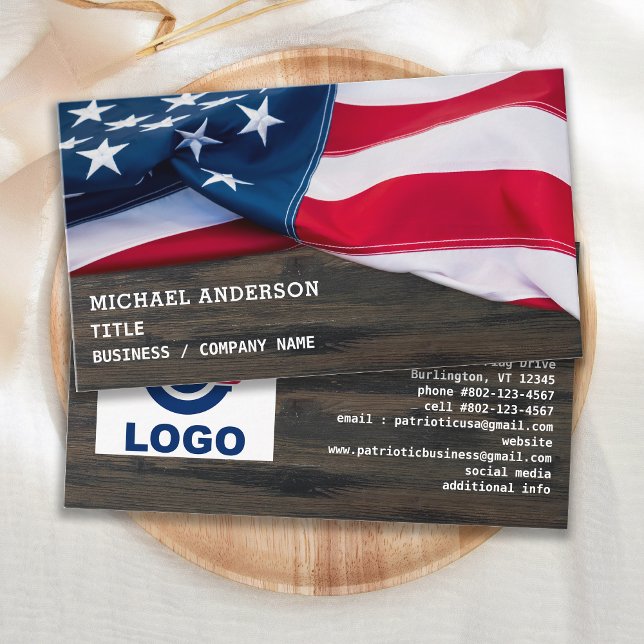 USA American Flag Your Logo Rustic Wood Patriotic Visitenkarte (Von Creator hochgeladen)