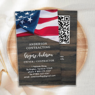 USA amerikanische Flagge QR Code Rustic Wood Patri Visitenkarte