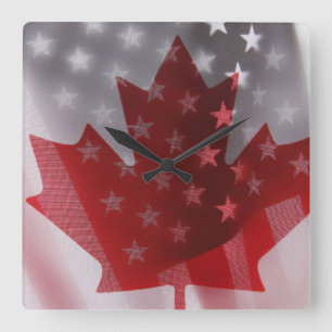USA and Canada flags clock Quadratische Wanduhr