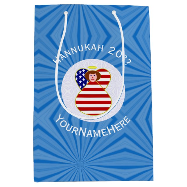 USA Angel Red Hair Hanukkah Flag Personalisiert Mittlere Geschenktüte (Vorderseite)