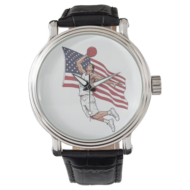 USA Basketball Slam Dunk American Flag Color Art Armbanduhr (Vorderseite)