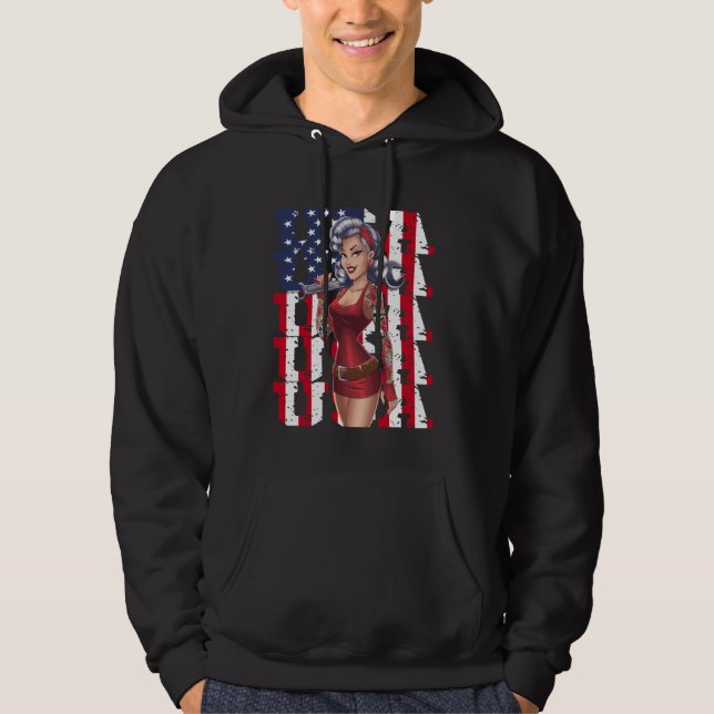 USA Button-Up Girl mit Wrench Hoodie (Vorderseite)