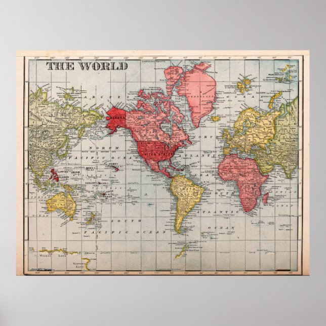 USA Centric Vintage World Map Poster (Vorne)