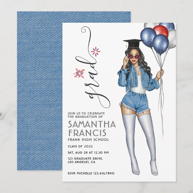 USA Denim themed Girl Graduation Party Einladung (Vorne/Hinten)