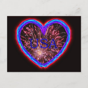 USA Electric Heart Fireworks Design Postkarte