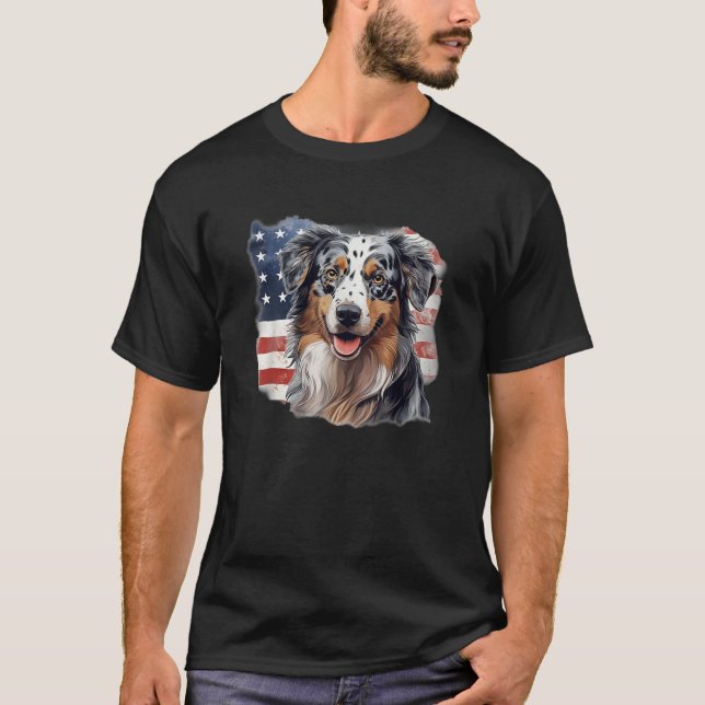USA Flag 4th Patriotic American Blue Merle Aussie  T-Shirt (Vorderseite)