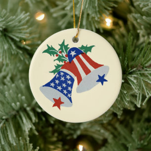 USA Flag American Patriotic Christmas Bells Art Keramik Ornament