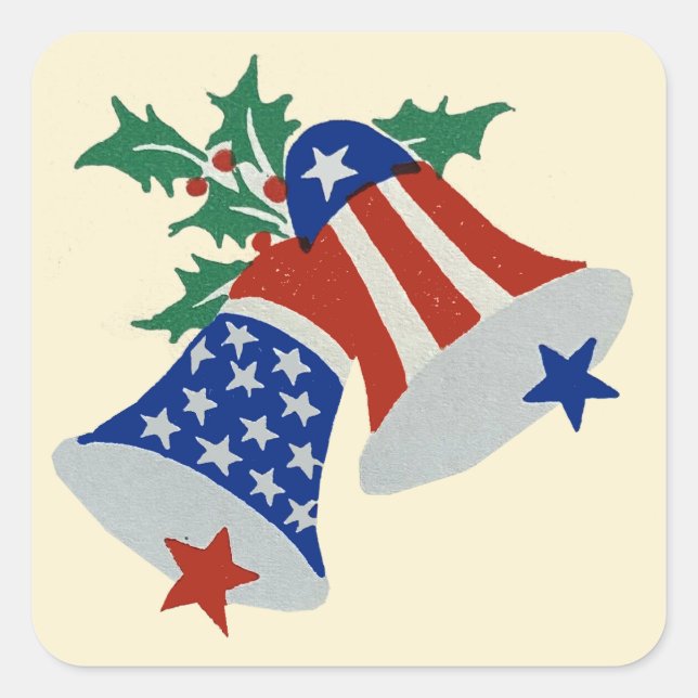 USA Flag American Patriotic Christmas Bells Art Quadratischer Aufkleber (Vorderseite)