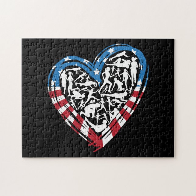 USA Flag American Runner - Running Heart Puzzle (Horizontal)