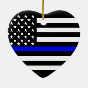 USA Flag Black and White Thin Blue Line Keramikornament