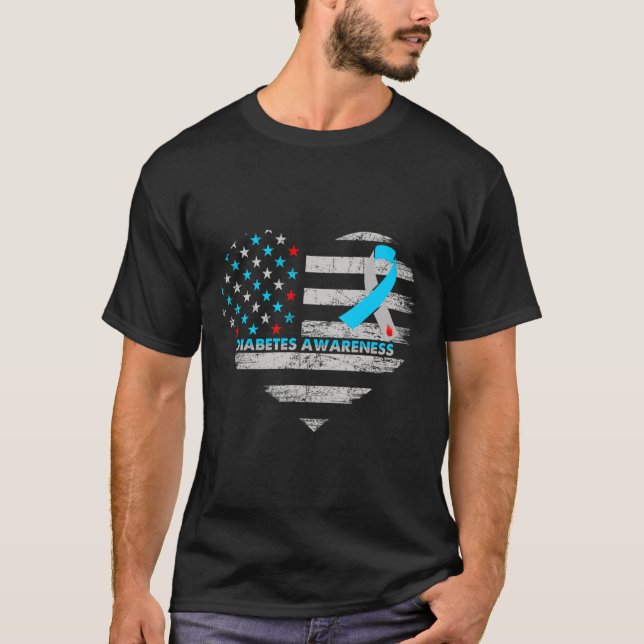 Usa Flag Diabetes Awareness Heart Family Support  T-Shirt (Vorderseite)