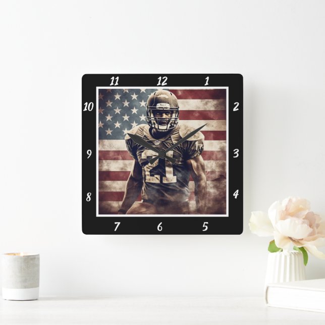 USA Flag Football Player Quadratische Wanduhr (Zuhause)