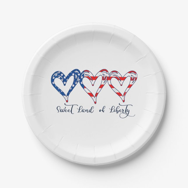 USA Flag Patriotic Hearts 4. Juli Sweet Land o Pappteller (Vorderseite)