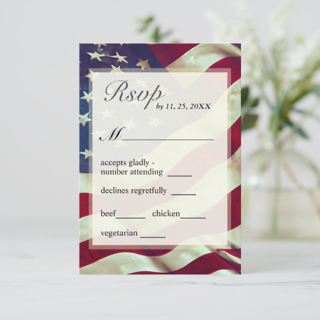 USA Flag Red White Blue American Patriotic Wedding RSVP Karte (Stehend Vorderseite)