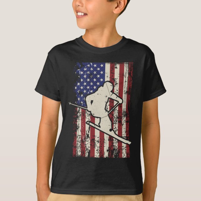 Usa Flag Skifahren & Amp; Skifahrer Langschläfer T-Shirt (Vorderseite)