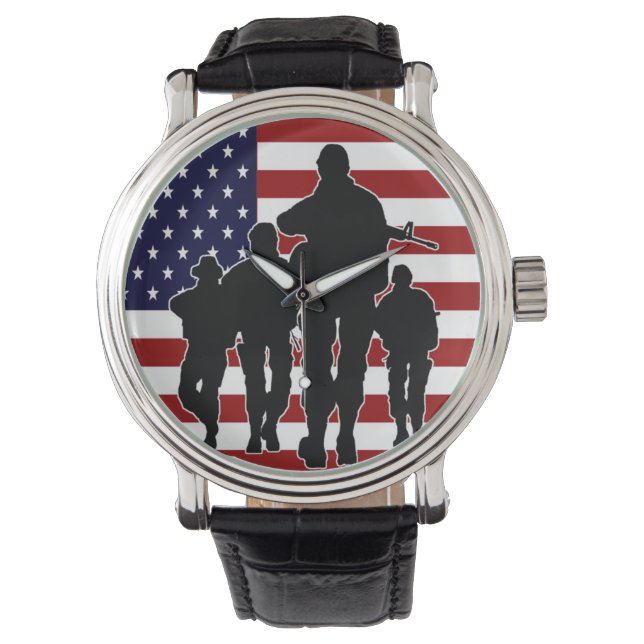USA Flag Soldiers Silhouette Wrist Watch Armbanduhr (Vorderseite)
