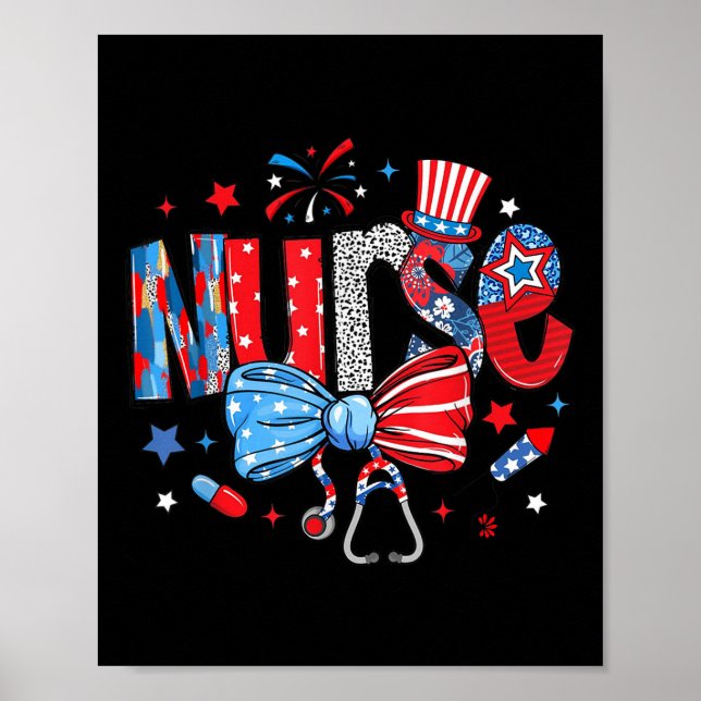 Usa Flag Stethoscope Coquette Bow 4. Juli Rn N Poster (Vorne)
