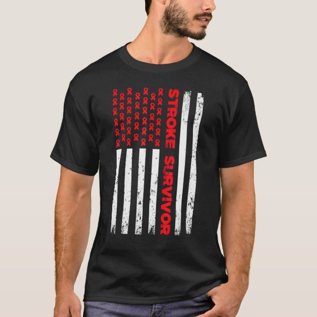Usa Flag Stroke Survivor Bewusstsein Red Ribbon Br T-Shirt (Vorderseite)