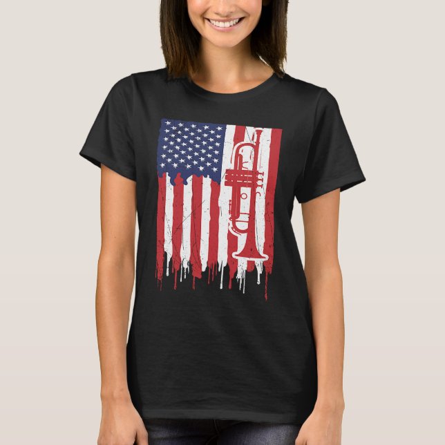 USA Flag Thin Red Line Smooth Jazz Music Trumpet T-Shirt (Vorderseite)