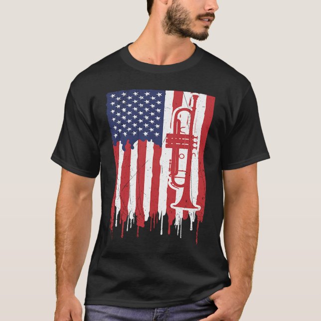 USA Flag Thin Red Line Smooth Jazz Music Trumpet T-Shirt (Vorderseite)