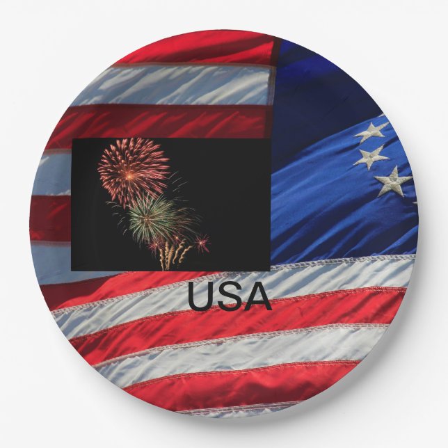 USA Flag- und Feuerwerke Pappteller (Vorderseite)