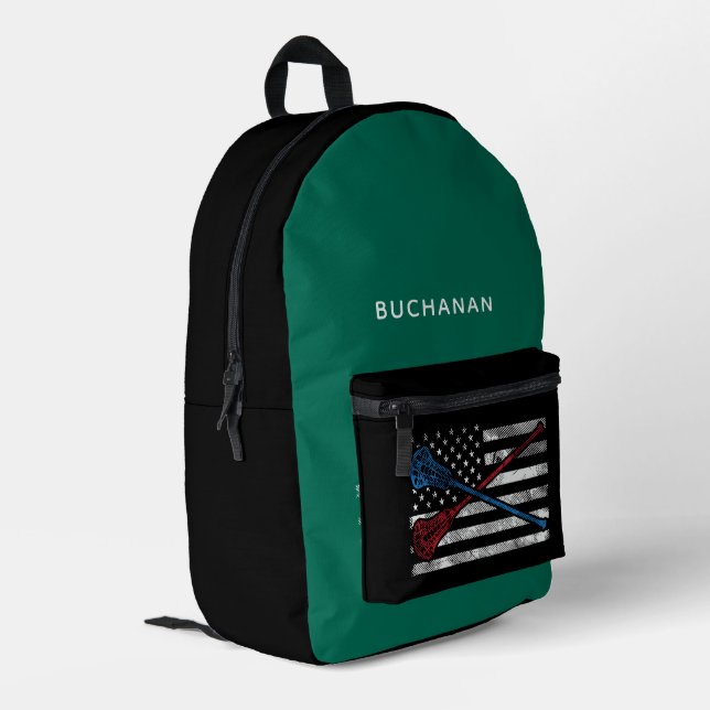 USA Flag und Lacrosse Bats Green Black personalisi Bedruckter Rucksack (Rückseitige Ecke links)