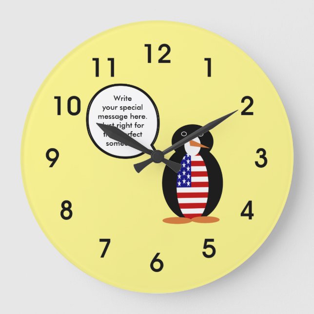 USA Flag Vortrag Frau Penguin Große Wanduhr (Vorderseite)