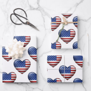 USA-Flagge   3D-Herzsymbol Geschenkpapier Set