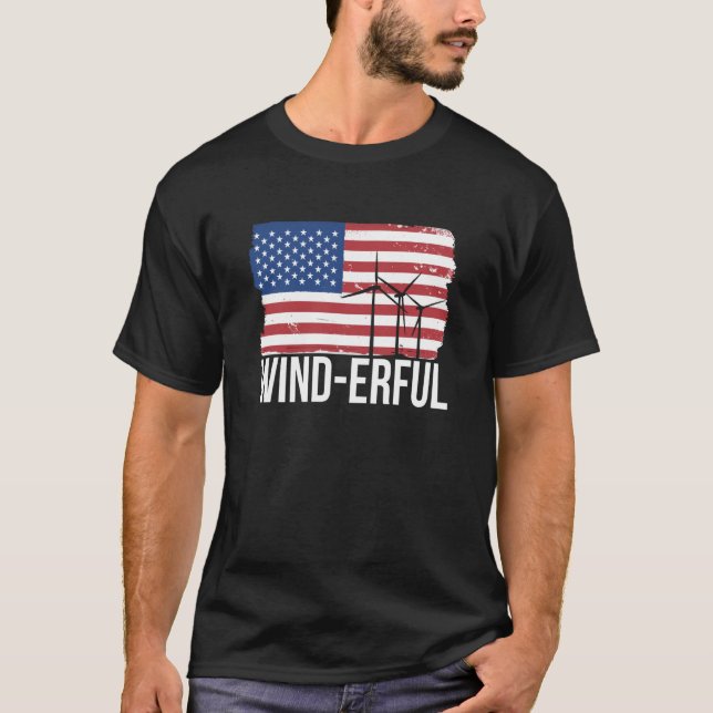 USA Flagge Amerika Fahen Wind Erful Wind Turbine E T-Shirt (Vorderseite)