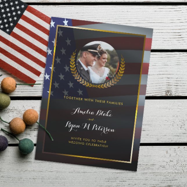 USA-Flagge | Gold Laurel Blätter | Hochzeit Einladung (Von Creator hochgeladen)