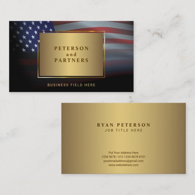 USA-Flagge | Gradation Gold Frame | Gold Visitenkarte (Vorne/Hinten)