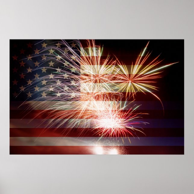 USA-Flagge mit Fireworks Poster (Vorne)