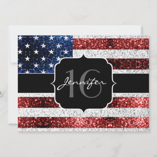 USA Flagge Rot-Blau-Glitzern Glitzer Sweet 16 Einladung