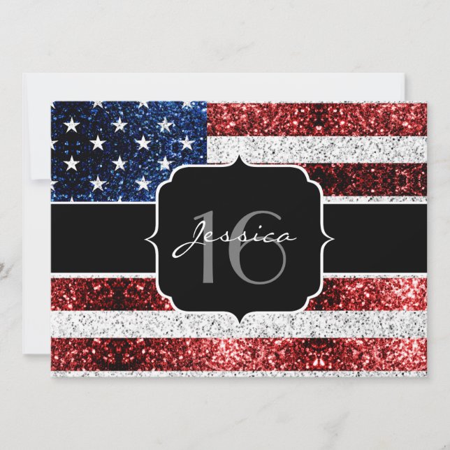 USA Flagge Rot-Blau-Glitzern Glitzer Sweet 16 Einladung (Vorderseite)