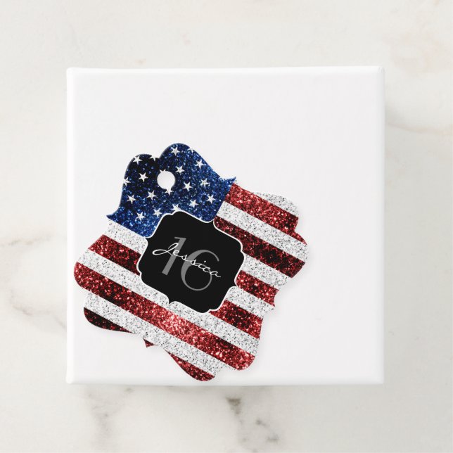 USA Flagge Rot-Blau-Glitzern Glitzer Sweet 16 Geschenkanhänger (Beispiel)