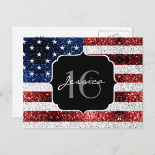 USA Flagge Rot-Blau-Glitzern Glitzer Sweet 16 Postkarte