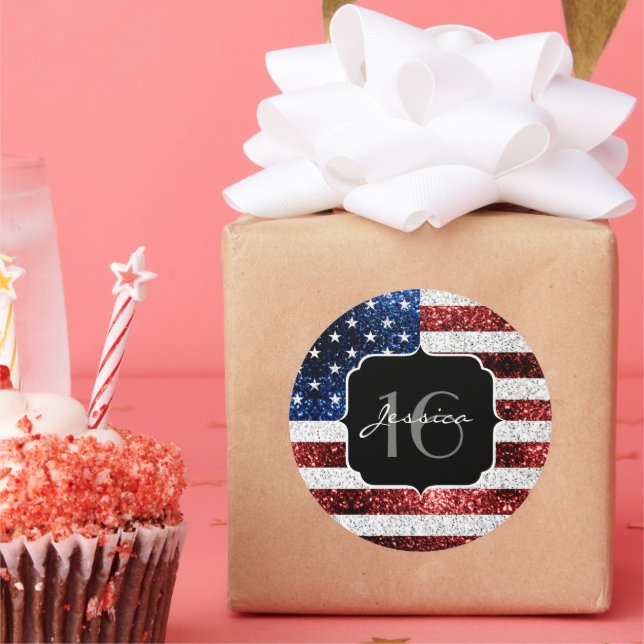 USA Flagge Rot-Blau-Glitzern Glitzer Sweet 16 Runder Aufkleber (Party)