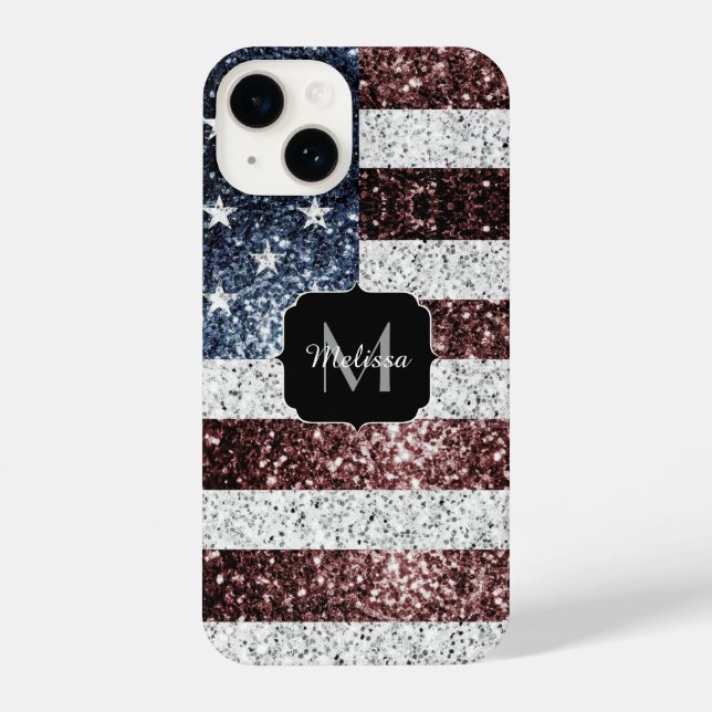 USA-Flagge Rot-Blau-Glitzern Monogram iPhone Hülle (Rückseite)