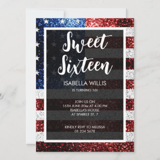 USA Flagge Rot-Blau Glitzern Sweet 16 elegant Einladung