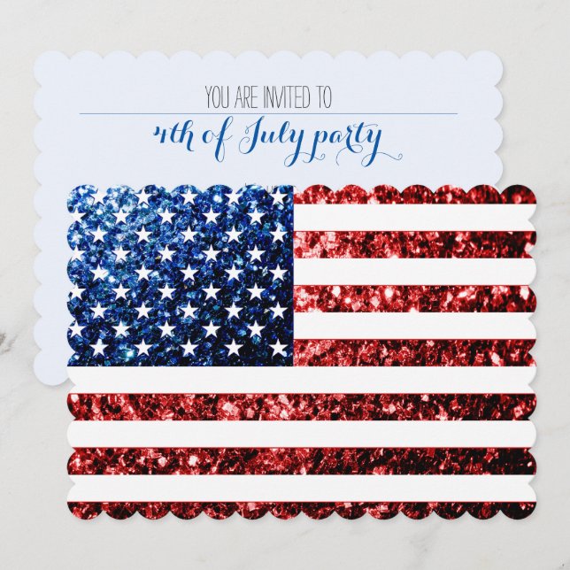 USA Flagge rot blaue Glitzern 4. Juli laden ein Einladung (Vorne/Hinten)