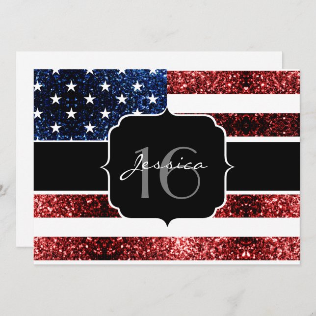 USA Flagge rot blaue Glitzern Glitzer Sweet 16 ein Einladung (Vorne/Hinten)