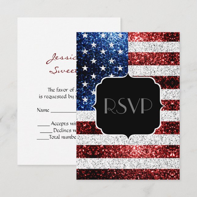 USA Flagge Rot blaue Glitzern Glitzer Sweet 16 UAW RSVP Karte (Vorne/Hinten)